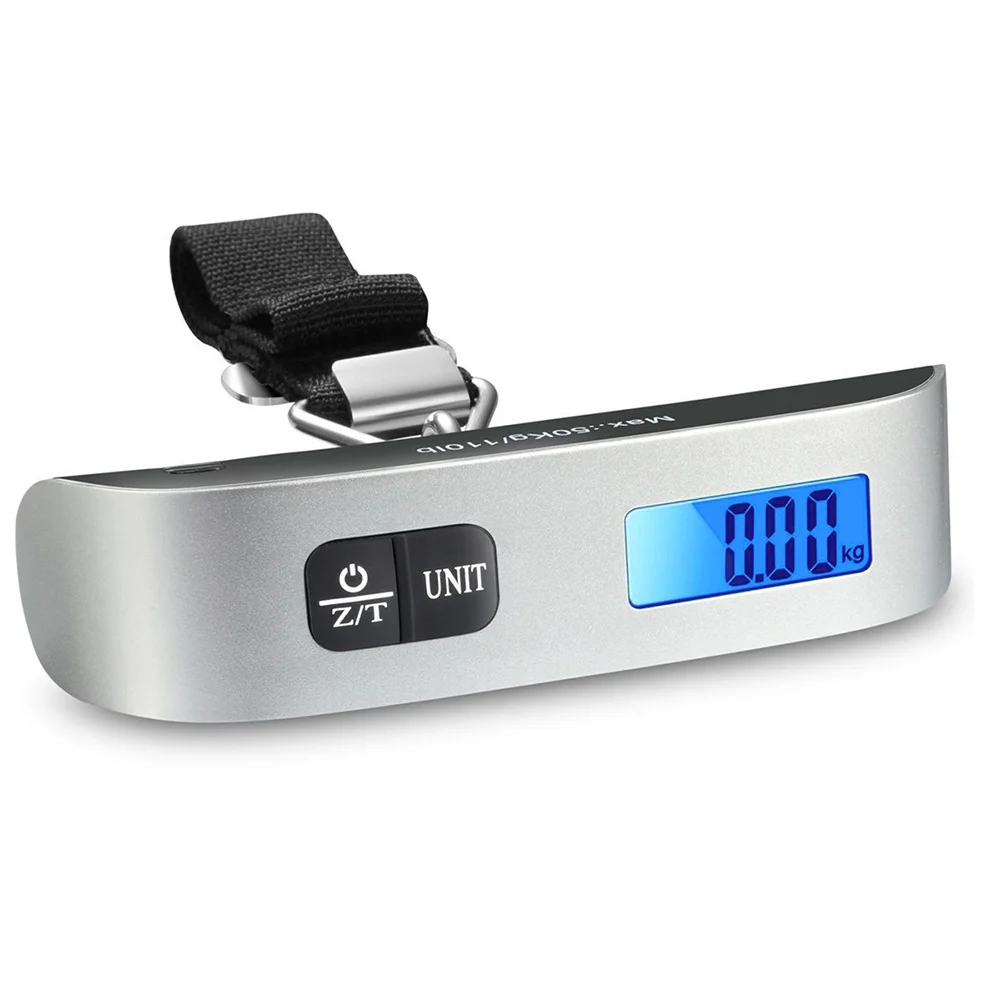 Digital bagagevåg 50 kg med rem, termometer och blå display