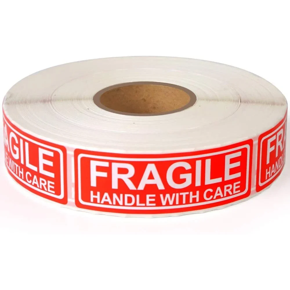 Fragile-etiketter Handle With Care – Rulle 120 st, 2,5 × 7,5 cm, Röd