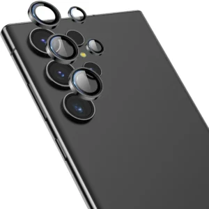 Galaxy S24 Ultra Linsskydd Kameraskydd Härdat Glas med Metallring Svart