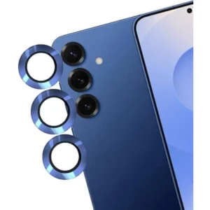 Galaxy S25 Linsskydd Kameraskydd Härdat Glas med Metallring Mörkblå
