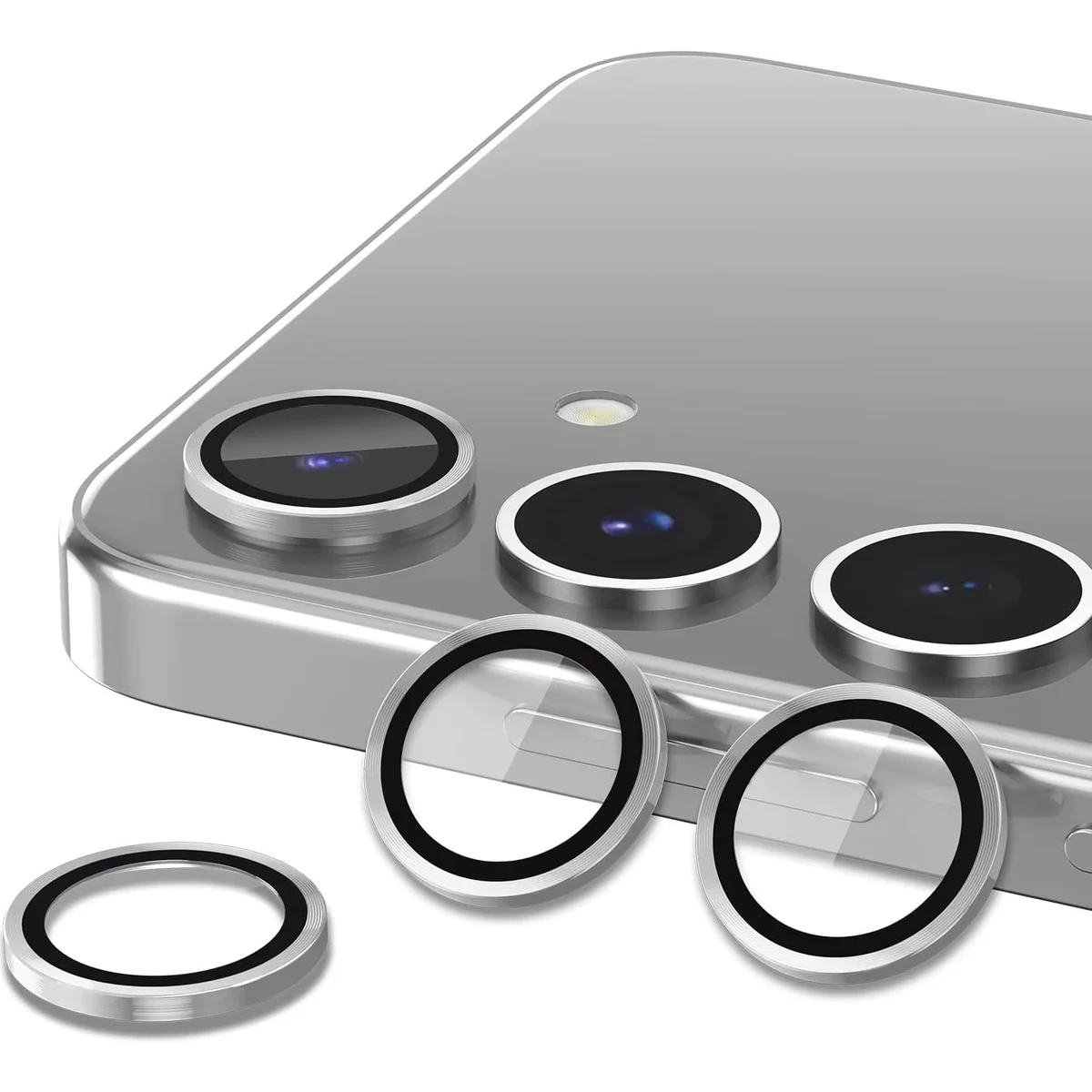 Galaxy s25 plus linsskydd kameraskydd härdat glas med metallring silver