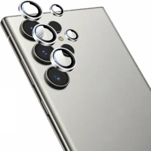 Galaxy S25 Ultra Linsskydd Kameraskydd Härdat Glas med Metallring Silver
