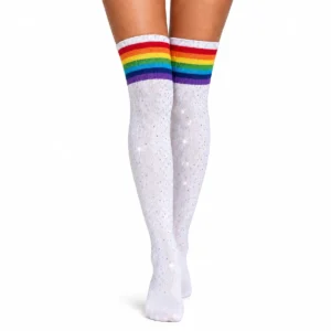 Glittrande Knästrumpor med Strass – Vit med Regnbågsränder, Overknee