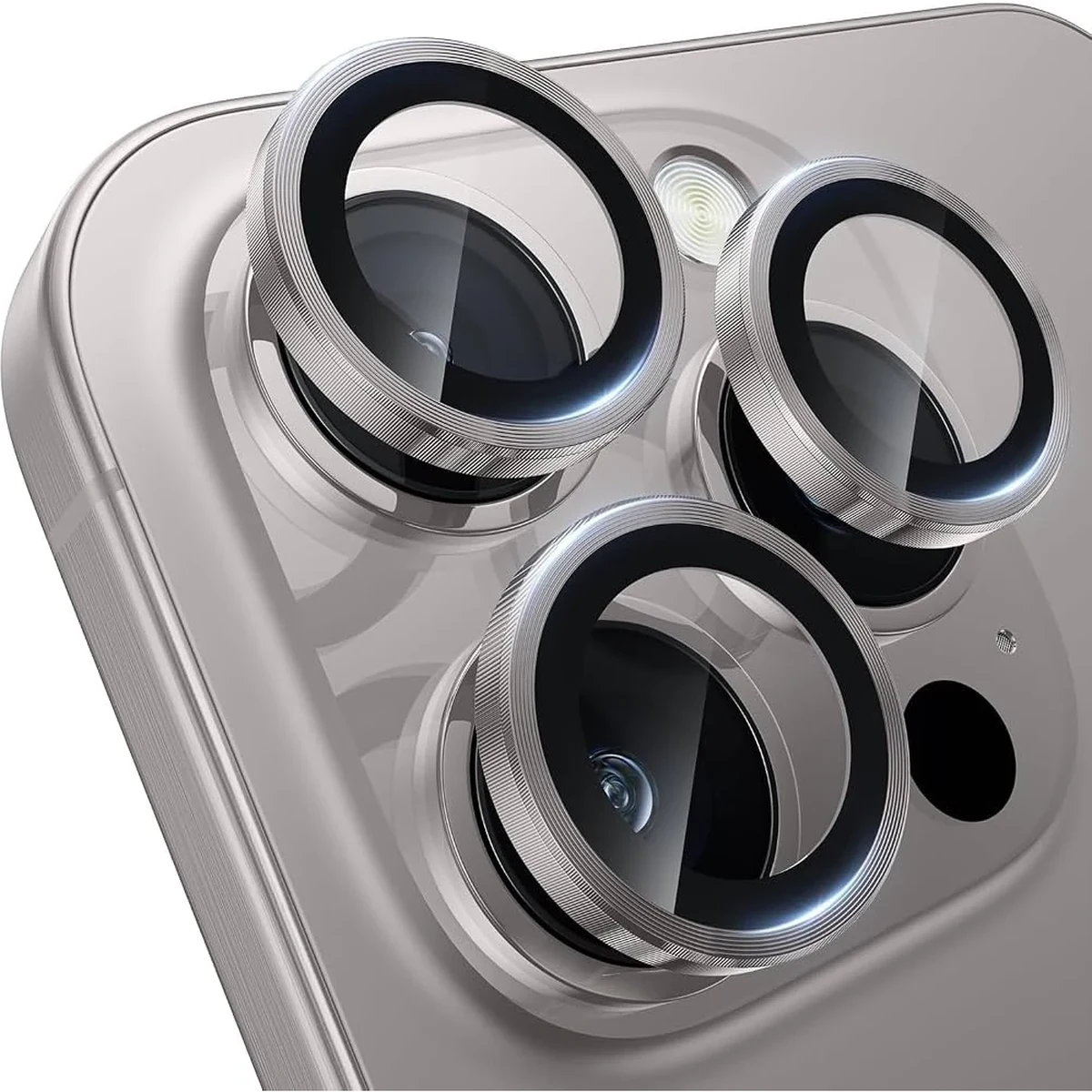 Iphone 15 pro / 15 pro max linsskydd kameraskydd härdat glas med metallring titan