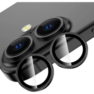 iPhone 16 / 16 Plus Linsskydd Kameraskydd Härdat Glas med Metallring Svart