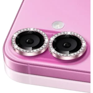 iPhone 16 / 16 Plus Linsskydd Kameraskydd Härdat Glas med Strassring Rosa
