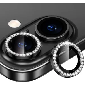 iPhone 16 / 16 Plus Linsskydd Kameraskydd Härdat Glas med Strassring Svart