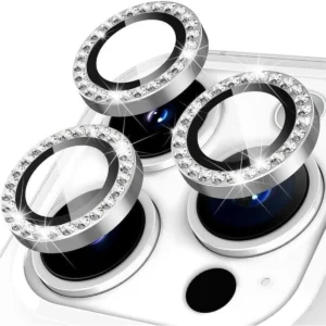 iPhone 16 Pro / 16 Pro Max Linsskydd Kameraskydd Härdat Glas med Strassring Silver