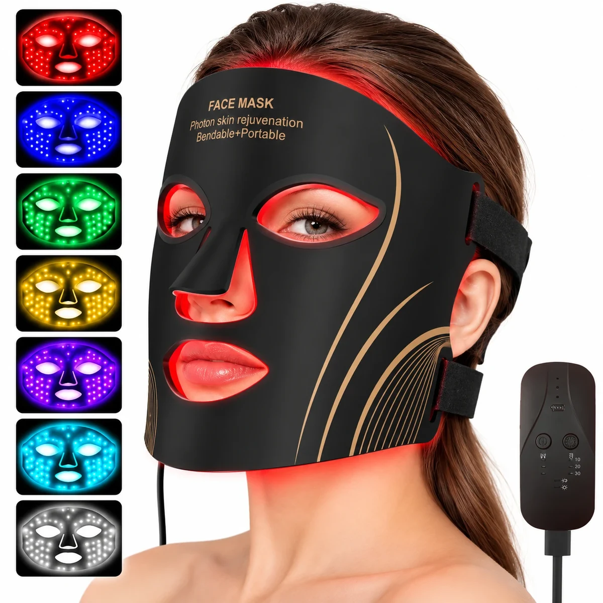 LED-ansiktsmask i Silikon – Rödljusterapi, 7 Ljusfärger, 210 LED, 1200 mAh