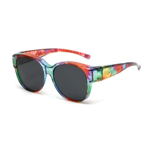 Solglasögon ovanpå Glasögon – Polariserade Suncovers UV400, Rund, Färgglad Tie Dye-båge, Grå Lins