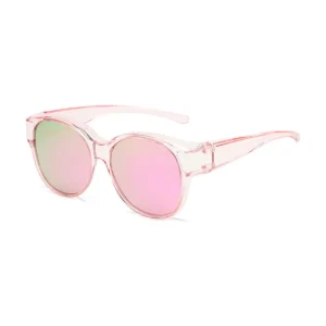 Solglasögon ovanpå Glasögon – Polariserade Suncovers UV400, Rund, Transparent Rosa Båge, Tonad Rosa Lins