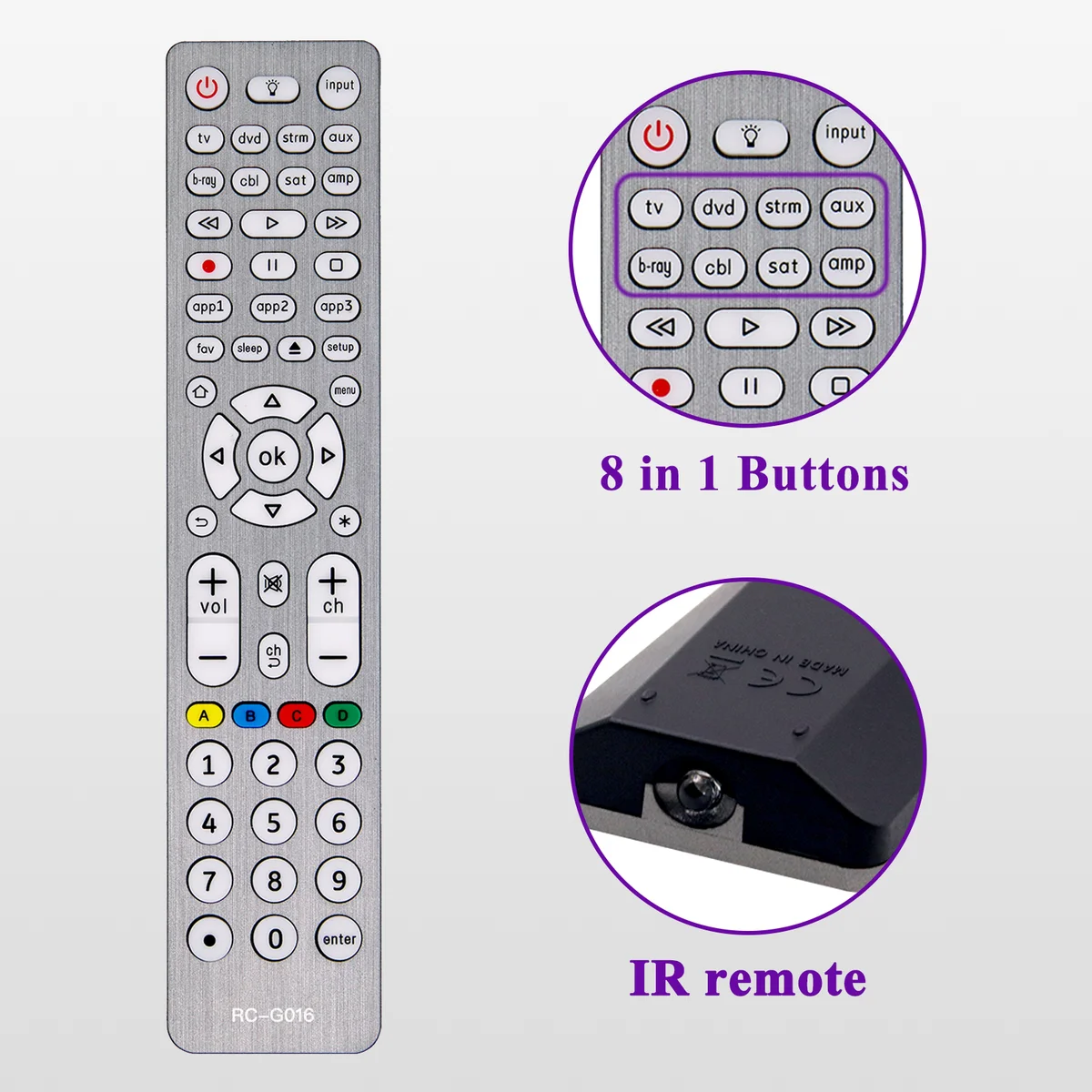 Universal fjärrkontroll med bakgrundsbelysning g016 – för tv, blu-ray, soundbar, mediaspelare och digitalbox