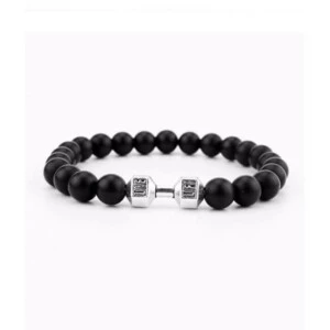 Handgjort Hantel Armband Silver M. Svarta Stenpärlor