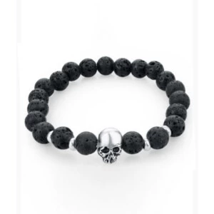 Handgjort Skull Dödskalle Armband M. Svarta Lavastenar