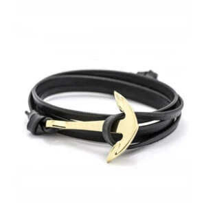 Handgjort Läderarmband Rep Med Ankare I Metall Svart/guld