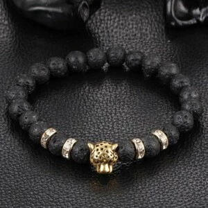 Handgjort Armband Guld Leopard Svarta Lavastenar