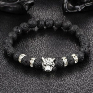 Handgjort Armband Silver Leopard Svarta Lavastenar