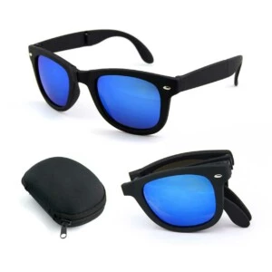 Vikbara Svarta Wayfarer Solglasögon Blått Spegelglas