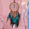 Drömfångare med lampor lyse blå turkos fjädrar 52cm