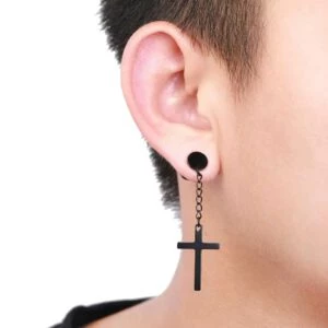 2-pack Piercing Örhänge Fake Plug Med Hängande Kors Svart