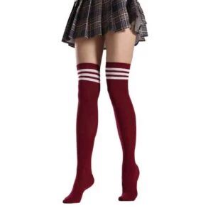 Randiga Knästrumpor Höga Strumpor Vinröd Vita Ränder