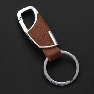 Nyckelring Metall Pu Läder Skinn Brun Silver