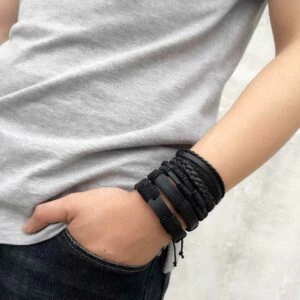 5-pack Handgjorda Läderarmband Herrarmband Svart