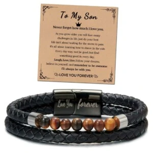 Armband till Son Gåvoarmband med Kort PU Läder Stenpärlor Svart