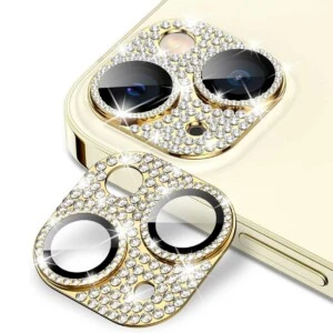 iPhone 15/15 Plus Kameraskydd Bling Härdat Glas Guld