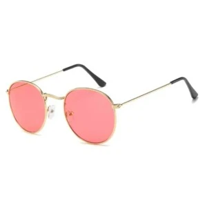 Runda Solglasögon med Guld Metallbågar Rött Glas